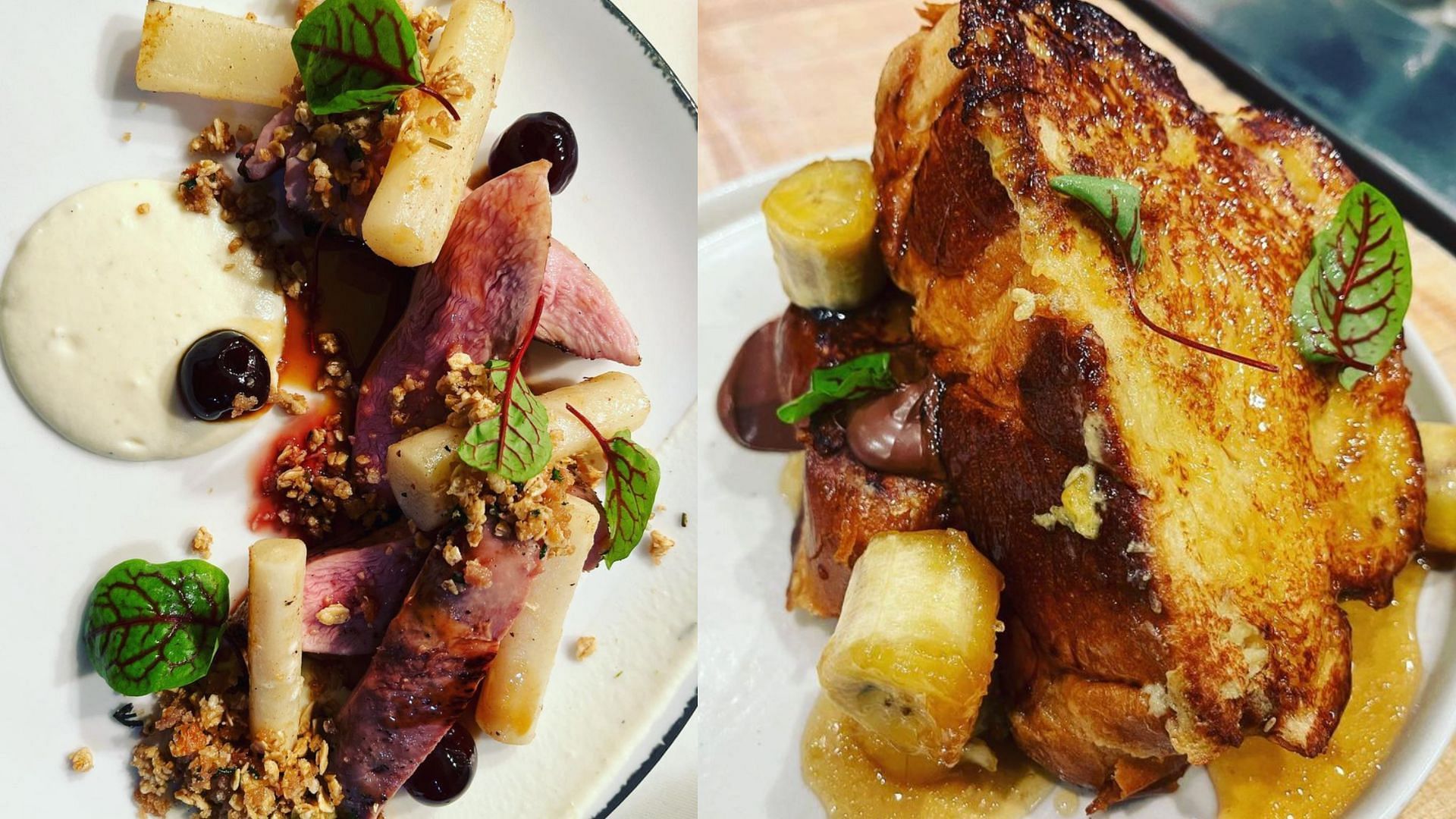 Grilled Duck Breast (l) and Banana & Nutella French toast (r) from Demetrio Zavala. Credit: @chefzavala (IG)